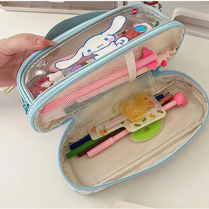 Sanrio Hello Kitty Pencil Case Cute Cartoon Anime Kuromi Cinnamoroll Large Capacity Transparent Two-tier Pen Bag Holiday Gifts