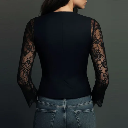 Imagen 2 del producto Blazer de Mujer Sexy con Escote en V Profundo y Encaje Transparente, Negro, Manga Larga, con Parches de Encaje, Cierre de un Botón, Corte Entallado, Elegante, para Fiesta o Uso Diario