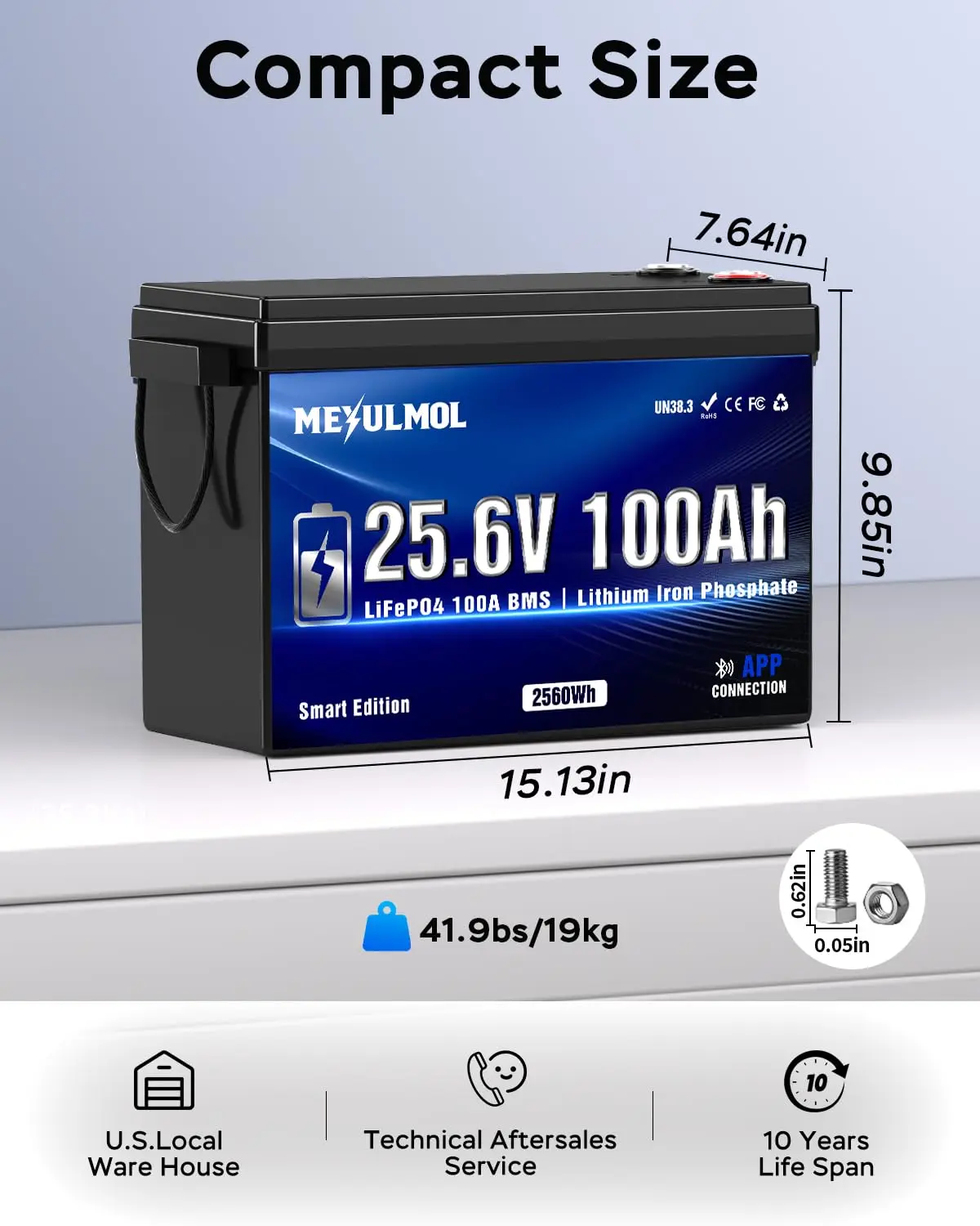 24V 100Ah LiFePO4 Battery with APP, 100A BMS, 2560Wh, Expandable 2S4P, 5000+ Cycles, Low-Temp Protection, For RV, Solar,