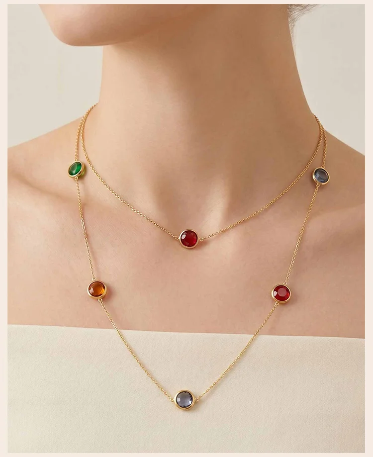 18K Vergoldete Edelstahl Lange Halskette für Frauen, Bunte Runde Naturstein-Perlen Stapelbare Layering-Partyschmuck – Detail 2