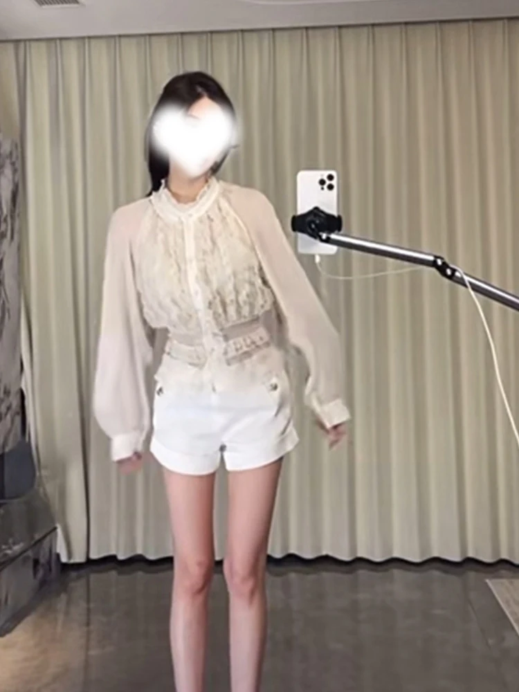 엘레 코트 슬레 여성용 롱 슬리브 쉬폰 하이웨이스트 슬림핏 바지 세트 가을 패션 아우터웨어 탑