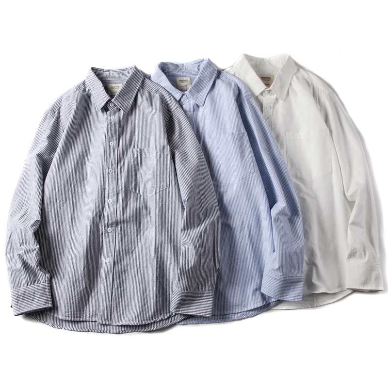 Retro Japanese Style Men's Casual Long Sleeve Oxford Cloth Shirt Spring Autumn Versatile Washed Striped Pure Cotton Shirt