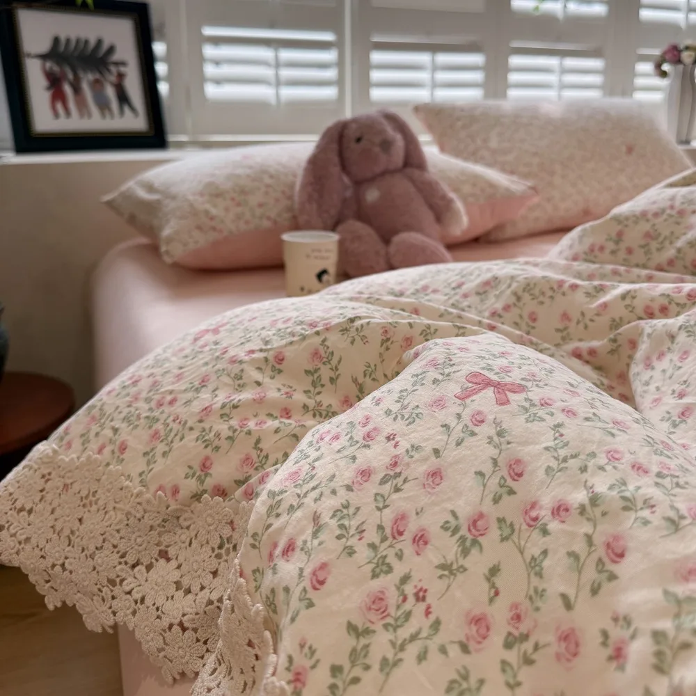 French Style Lace Cotton Four-piece Set Naked Sleeping Flat/Fitted Bed Sheet Quilt Cover Pillowcase Bedding Set