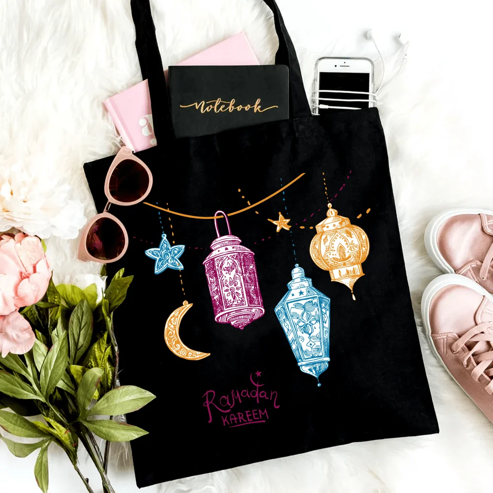 Aesthetic Ramadan Tote Bag Eid Gifts for Ramadan Mubarak Printed Handbag Large Capacity Trendy Simple Style Durable Tote Bags