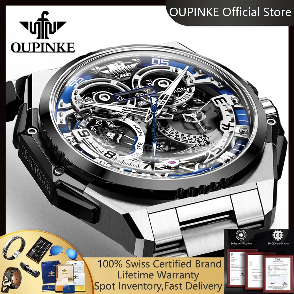 OUPINKE 3266 Herrenuhr, luxuriöse Skelett-Automatik-Mechanische Armbanduhr für Herren, italienische Designer-Armbanduhr für die Zusammenarbeit