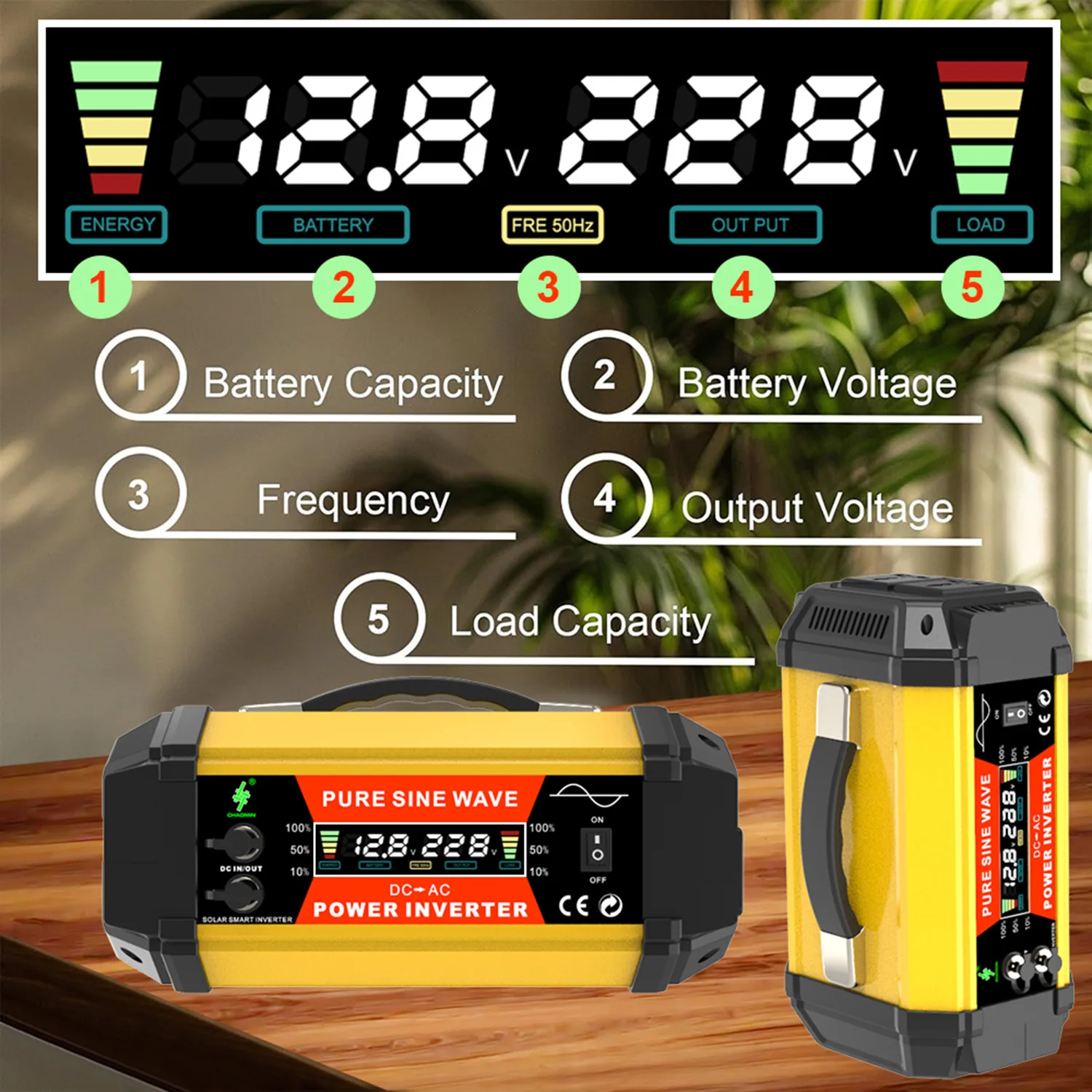 Pure Sine Wave Inverter 12V to 220V 500W 800W 1000W Converter with Voltage Display 2 USB Charge Universal Socket for Car Home