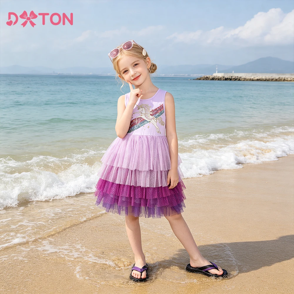 DXTON Kids Sequined Rainbow Clothing Baby Girls Unicorn Dresses Cotton Summer Children Daily Party Dress Sleeveless Girls Dress