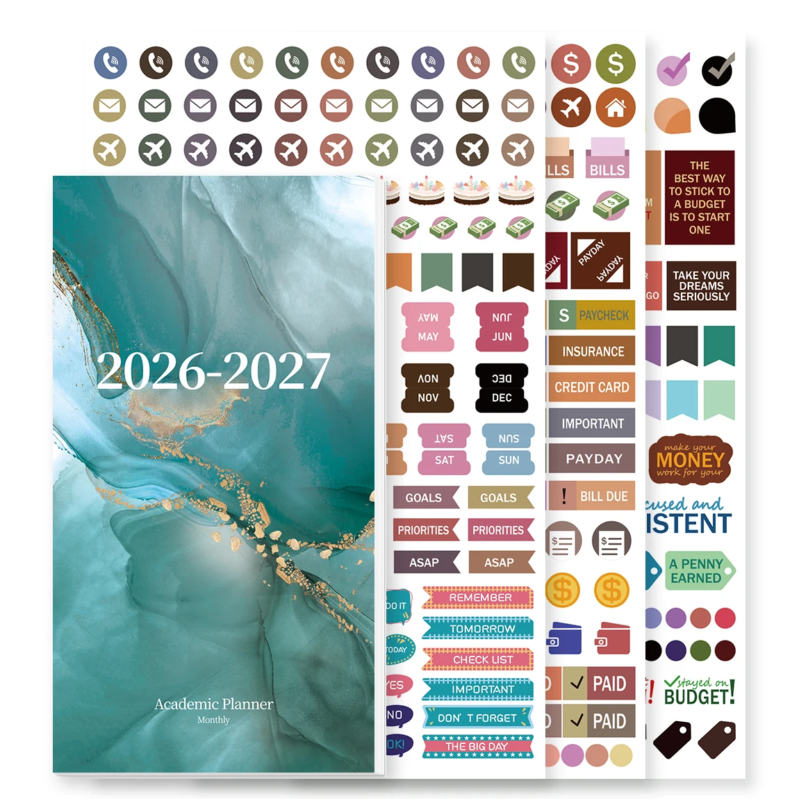 1PC A6 Monthly Planner Notebook, Teal Marble, 2026-2027 Calendar with Stickers or Index Tabs, for School, Office & Home