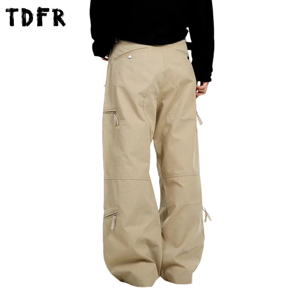 Zipper Multi-Pocket Cargo Pants Mens Solid Color Casual Retro Straight Wide Leg Baggy Trousers Man