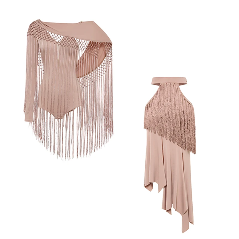 DUYQ Costumi da ballo per spettacoli di danza da sala Donne Nappe Tuta senza schienale Gonna con frange cave Abito da valzer moderno Indossando DN21675