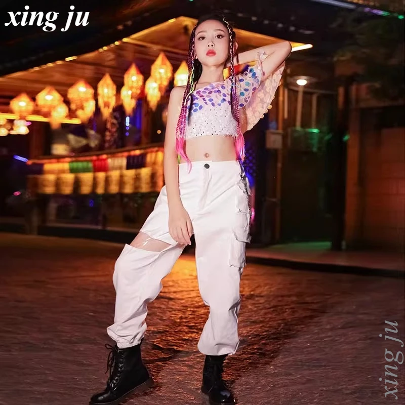 Kinder Hip Hop Aushöhlen Lose Hosen Jazz Dance Kostüm Mädchen Street Dance Pailletten Liebsten Sling Tops Kinder Bühne Zeigen Kleidung