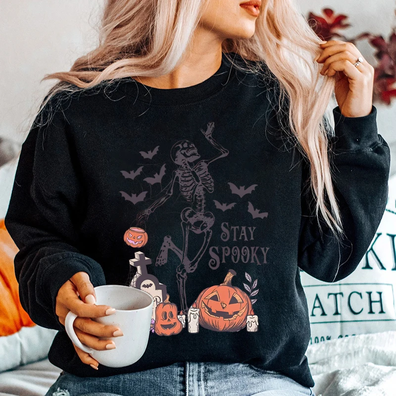 Stay Spooky Sweatshirts Women\'s Crew Neck Long Sleeve Casual Oversized Skeleton Pumpkin Bat Printed Sweatshirts For Halloween