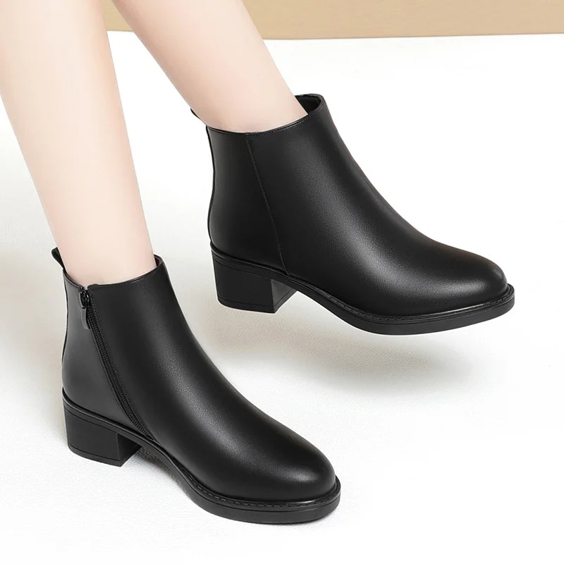 Winter Fashion Women Ankle Boots Mid Heels Dress Velvet Thick Heel Shoes Office Soft Sole Cotton Zipper Boots