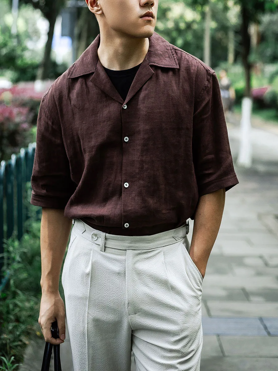 Summer light and thin washed linen American vintage loose fitting shirt Cuban collar men\'s casual Hawaiian lazy style