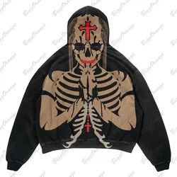 Hoodie de esqueleto estampado escuro para mulheres, top preto solto, estilo europeu e americano, novo, outono e inverno, Y2K