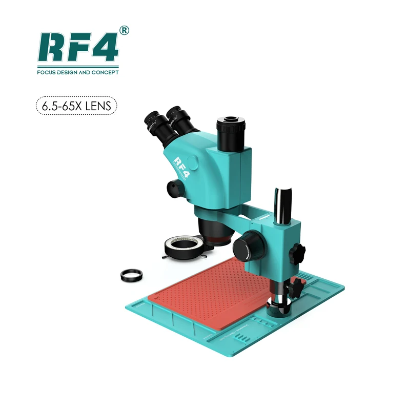 RF4 RF6565-PO4 Industrial Stereo Microscope 6.5-65X Magnification With Anti-static Maintenance Pad 144LED for Phone PCB Repair