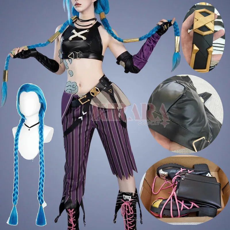 

Jinx Cosplay Costume Long Ponytail Wig for Anime Arcane Jinx Cosplay Shoes Boots Anime Events Comic Con Women Party Outfits