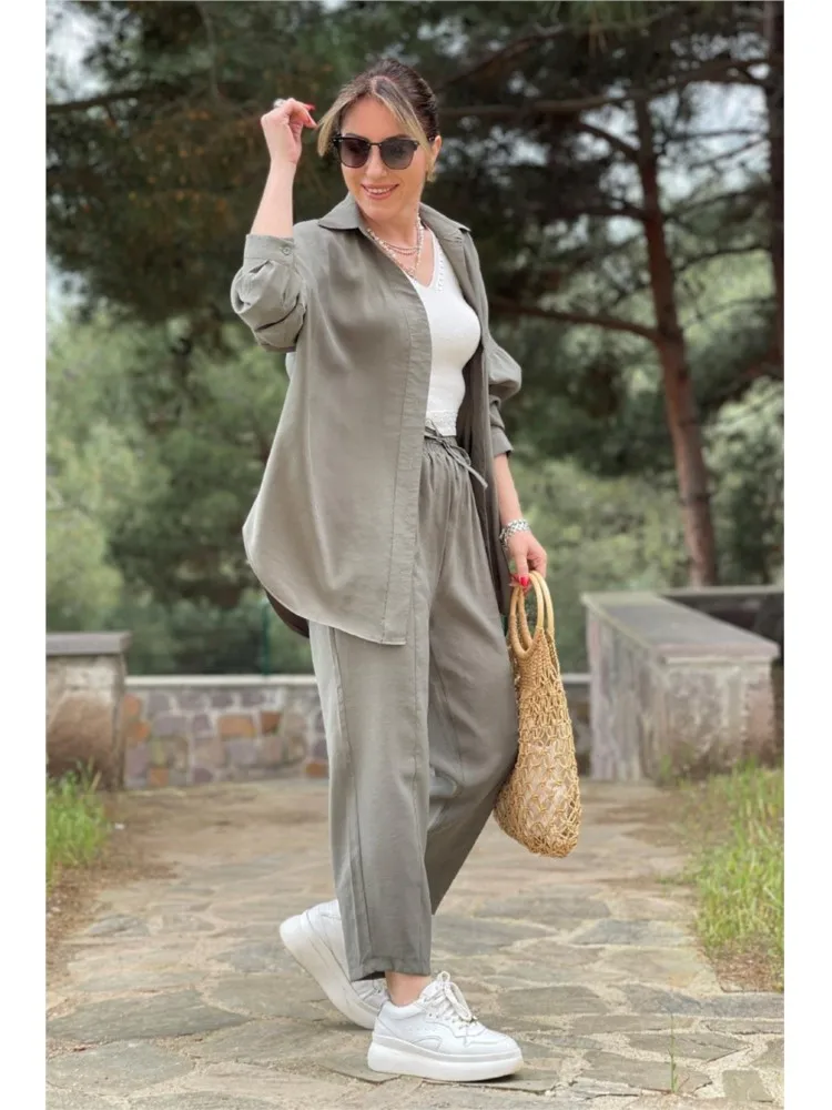 

Solid Casual Two Piece Sets Women Outfits Simple Lapel Long Sleeve Elegant Loose Shirt Tops High Waist Trouse Set 2024 Autumn