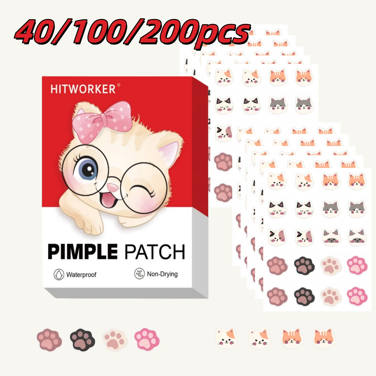 40/100/200pcs HITWORKER Cute Cat Acne Patches – Alcohol-Free, Fragrance-Free, Non-Irritating, Suitable for All Light Beige Skin