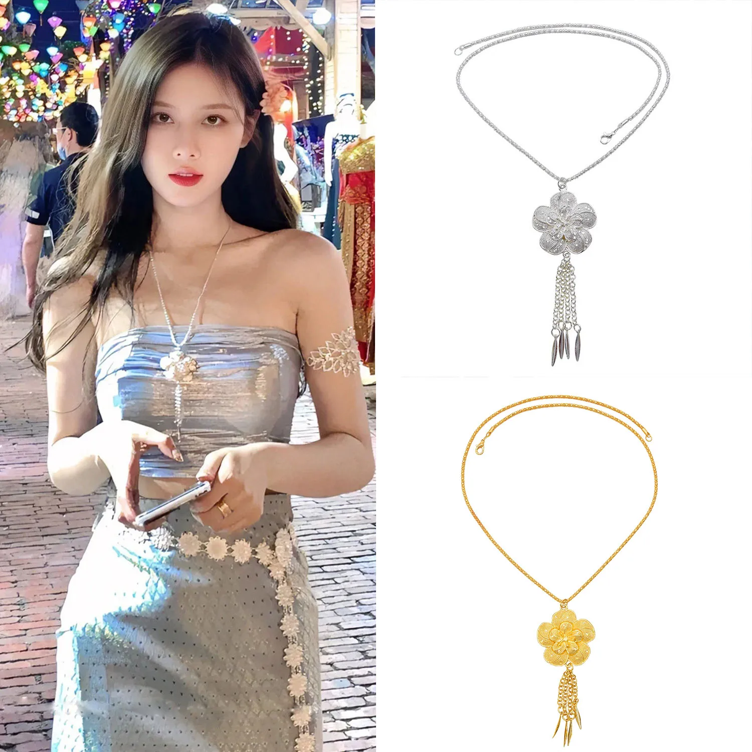 Bohemian Traditional Hollow Flower Necklace For Women Geometry Tassel Jewelry Ethnic Turkey India Kurdish Female Accessory Gift