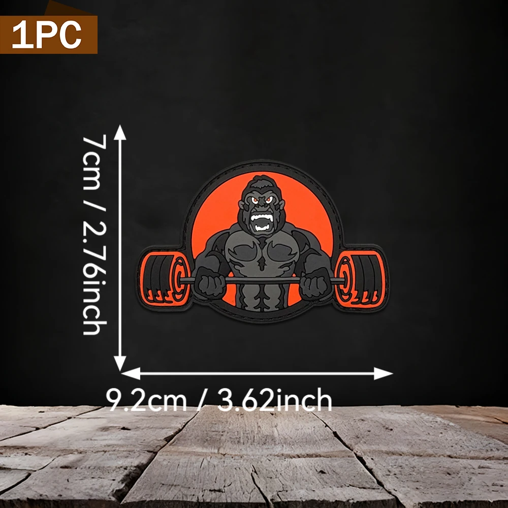 Round Fitness Gorilla Lifting Barbell Art Pattern Pvc Soft Rubber Arm Patch Personalized Patch Badge Applique Backpack Jacket Fabric DIY Decorative Accessory Arm Patch with Fleece Backing