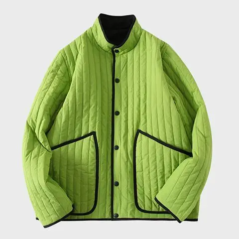 Japanese Style Unisex Stand Collar Lightweight Cotton Padded Jacket Men Autumn Winter Vertical Stripes Double-sided Wear Parkas