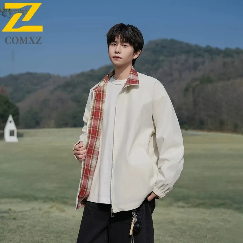 

COMXZ Premium Men Jacket Lattice Design Outdoor Camping Windproof Coat Casual Wear on Both Sides Lightweight Autumn Garment