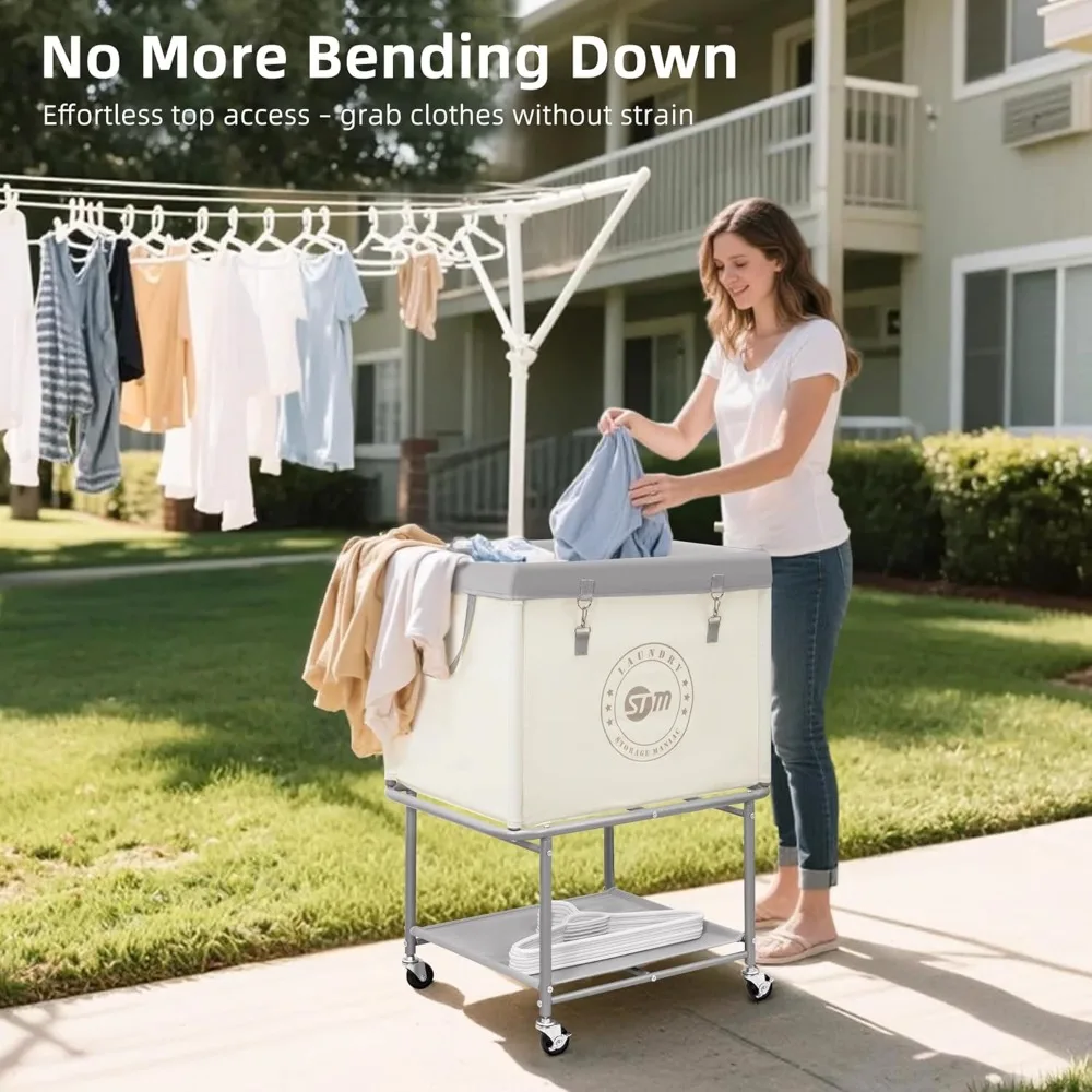 

Heavy Duty Rolling Laundry Cart with Storage Shelf, 110L Capacity Metal Frame Clothes Hamper with Wheels for Home Dorm Bedroom