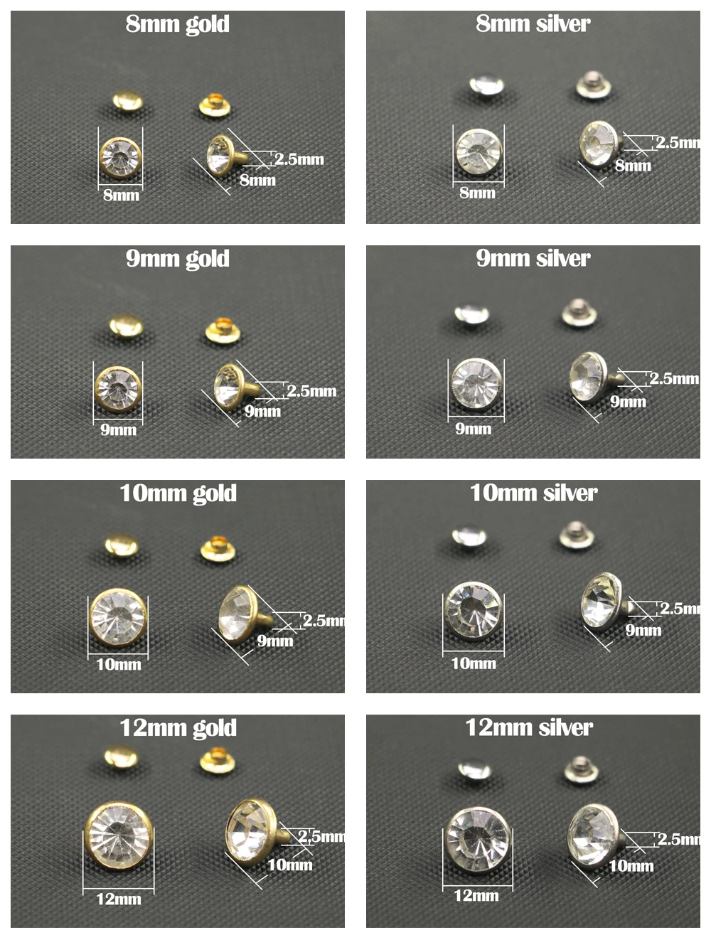 50Sets 5/6/7/8/9/10/12mm Crystals Rhinestone Rivets Diamond Studs BlingBling For Leathercraft gold silver DIY Clothes Leather
