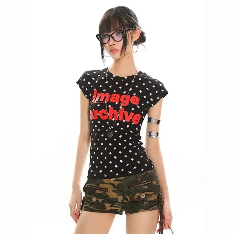 

American retro letter star print short sleeved round neck women's T-shirt summer Y2K Harajuku spicy girl trendy women's top