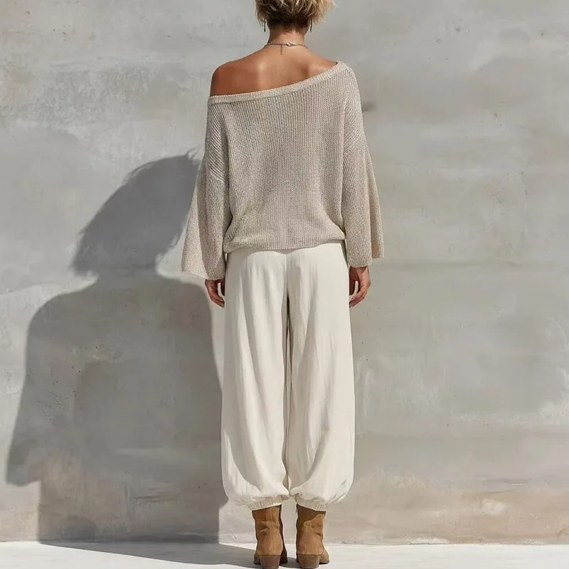 Greenora Off‑Shoulder Knitted Top & Pencil Trousers Suit Women Loose Flare Sleeve Solid Set Commuter Holiday Relaxed Fit Two Pie