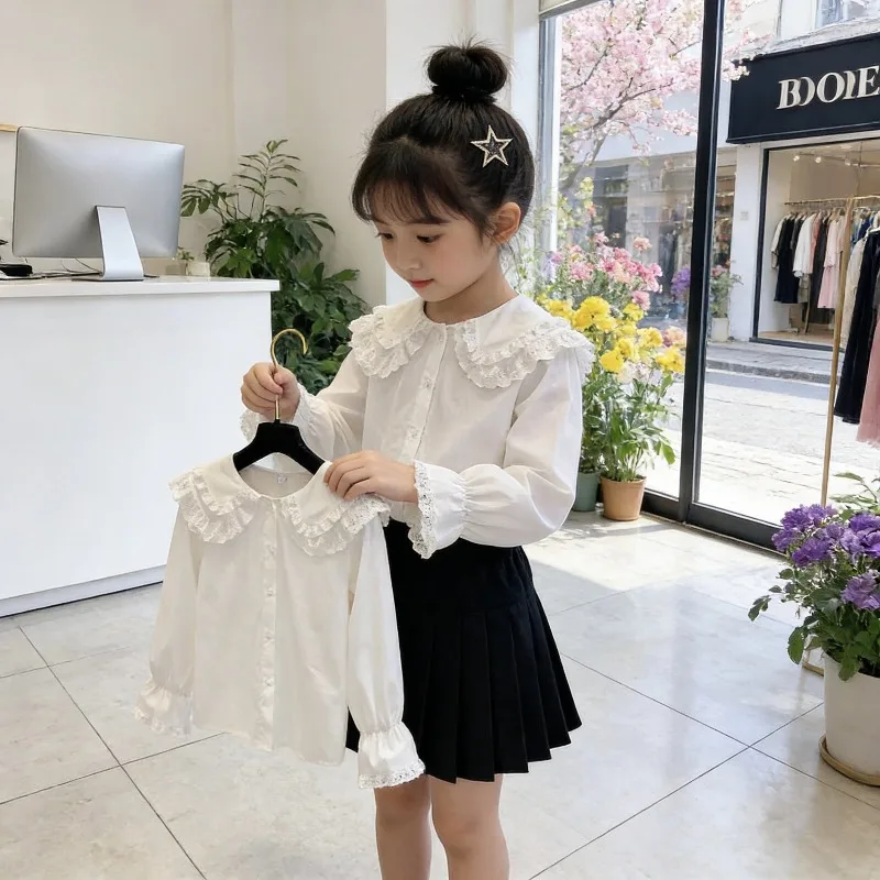 White Ruffle Edge Lace Big Lapel New Button Up Shirt Top Mid Size Children Shirt Long Sleeved Spring and Autumn
