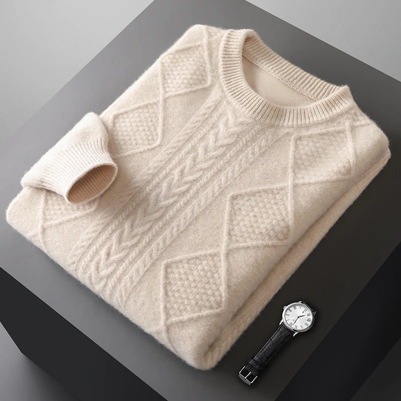

New Men Knitted Twisted Pattern Style Pullover 100% Pure Wool Sweater Round Neck Long Sleeves High quality Thicken Warm Tops