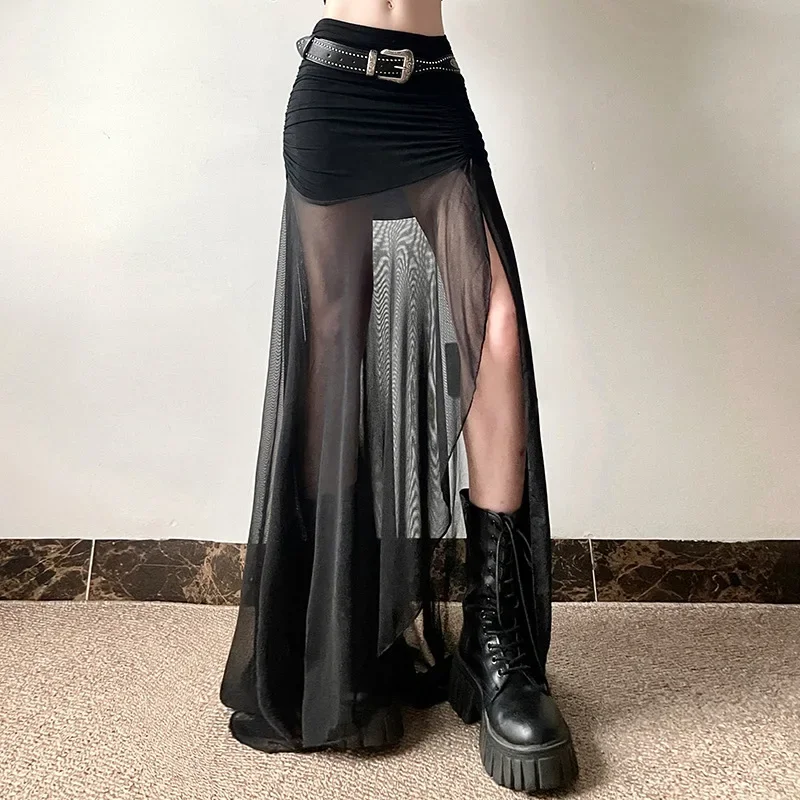 Sexy Black Split Long Skirt Women Gothic  Mesh Patchwrok Hip Wrap Skirts Summer Streetwear Aesthetic Folds Slim A Line Faldas