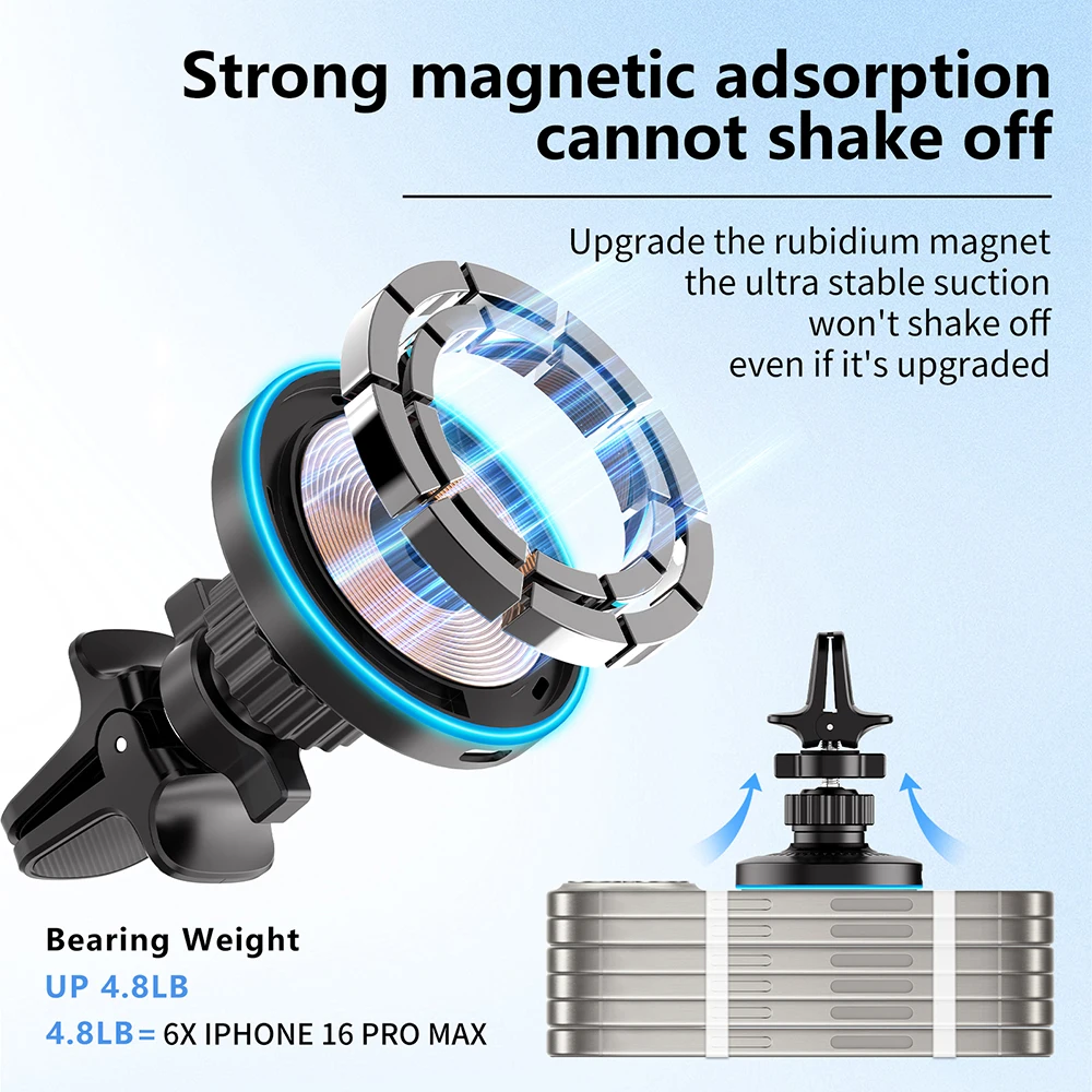 Magnetic Wireless Car Charger LED Light Air Outlet Phone Holder For iPhone 17 16 15 14 13 12 Pro Max Fast Charging Station