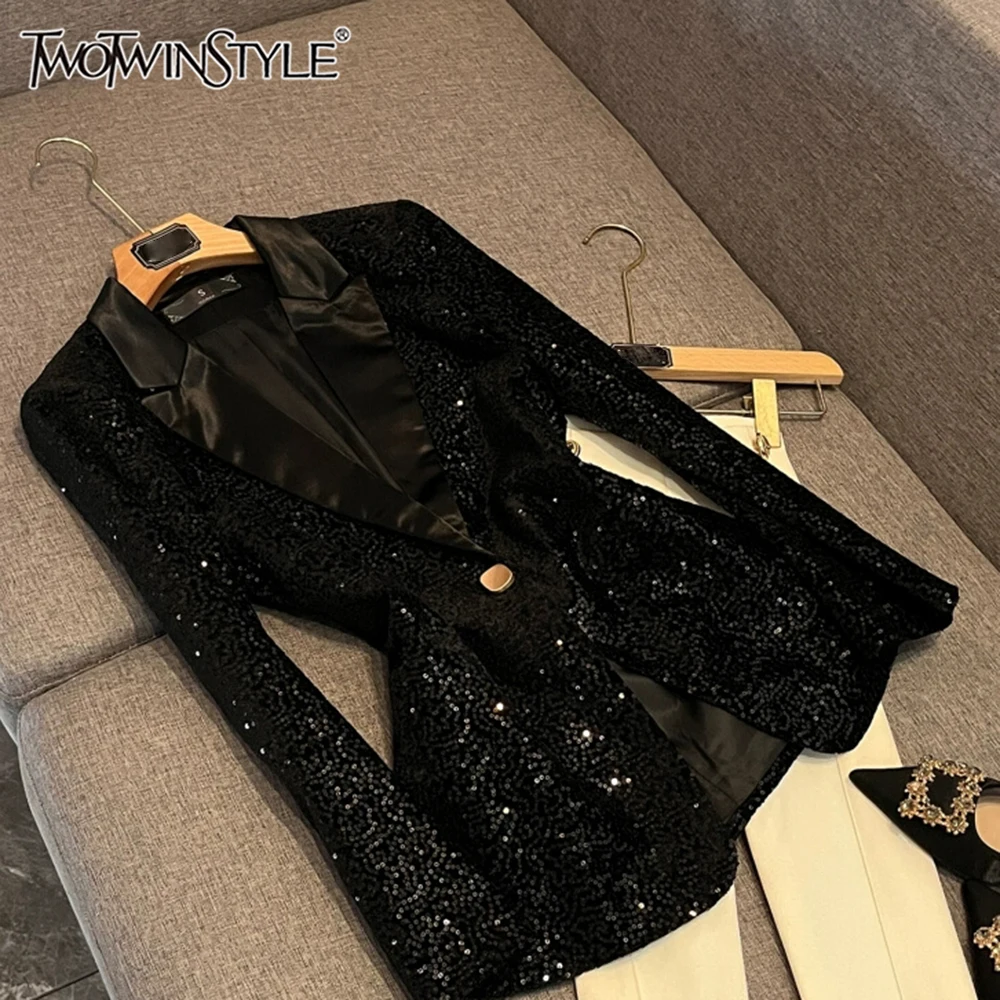 

TWOTWINSTYLE Temperament Slimming Solid Blazers For Women V Neck Long Sleeve Spliced Button Chic Coat Female Fashion KJA546857