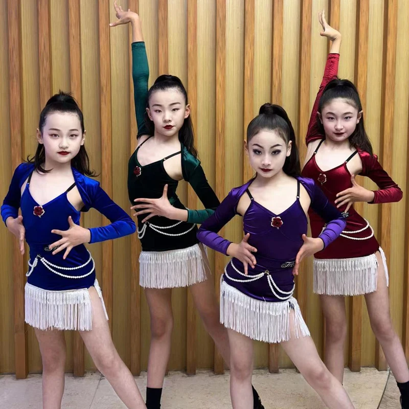 

4 Colors Long Sleeved Latin Dance Dress Kids Competition Ballroom Dance Dresses Girls Chacha Rumba Samba Dancewear DWY9669