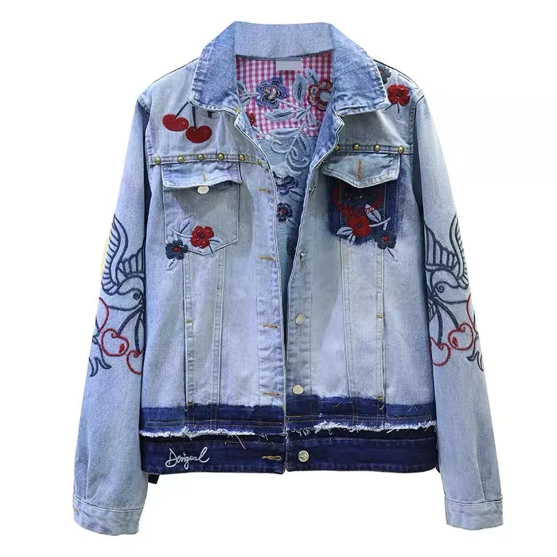 

Foreign Trade Original Order SpainNew Women's Coat Embroidered Print Denim Jacket Beaded Loose Short Top