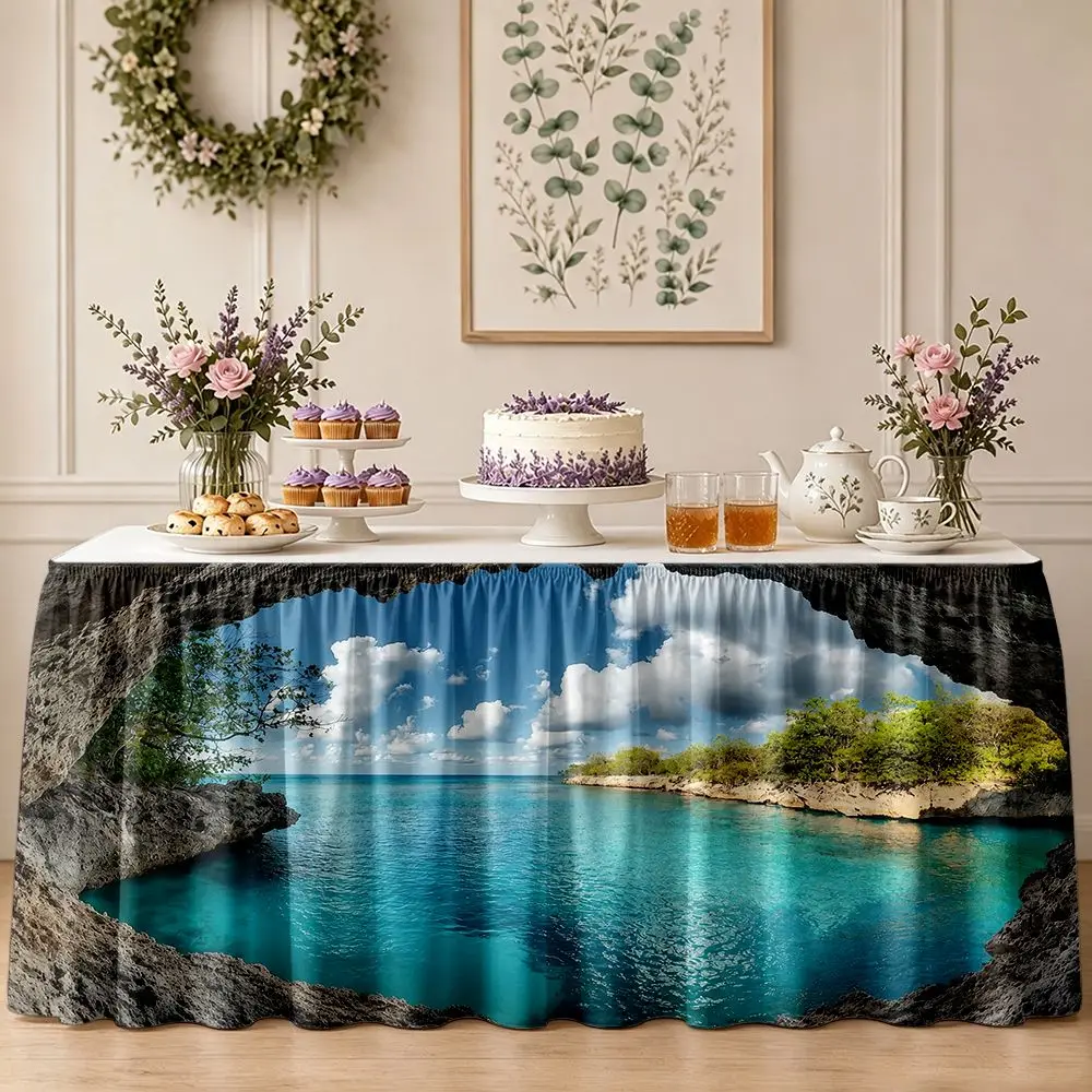One-piece set with tablecloth decoration. Tropical cave, ocean, sky, wind, ruffled edge tablecloth border.