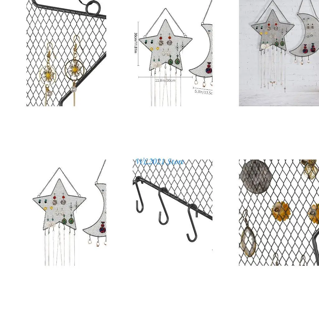 

G5GC Earring Wall Mount Holder for Necklace Bracelet Star Moon Jewelry Storage Rack Display Decoration with Hooks