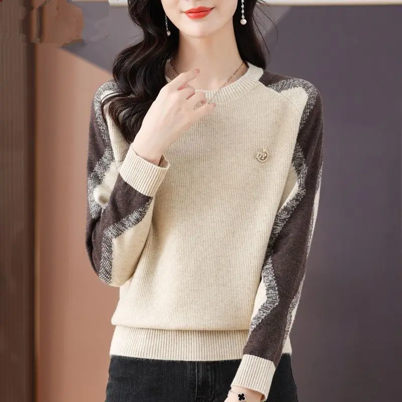 Temperament Mode Herbst Winter Pullover Frauen Oansatz Kontrast Farbe Patchwork Koreanische Lange Hülse Lose Pullover Gestrickte Tops