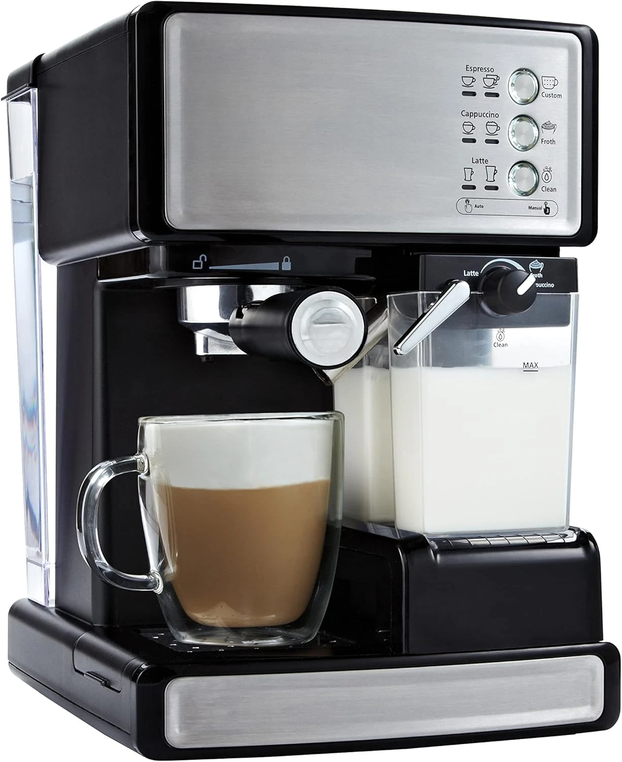 and Cappuccino Machine, Stainless Steel, Programmable Coffee Maker with Automatic Milk Frother, 15-Bar Pump, Ideal for Home