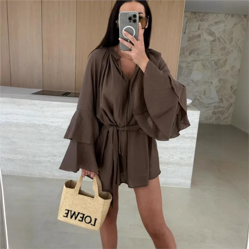 Primavera babados mangas duplas em camadas mini forro vestido cor sólida com decote em v irregular rendas até manga comprida vestido solto para mulher