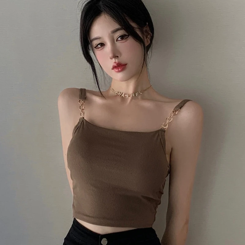 Sexy Women's Top Blouse Crop Top Slim Fitting Camisole Chest Padded Metal Strap Short T-shirt Fashion Woman Blouse New Y2k Tops