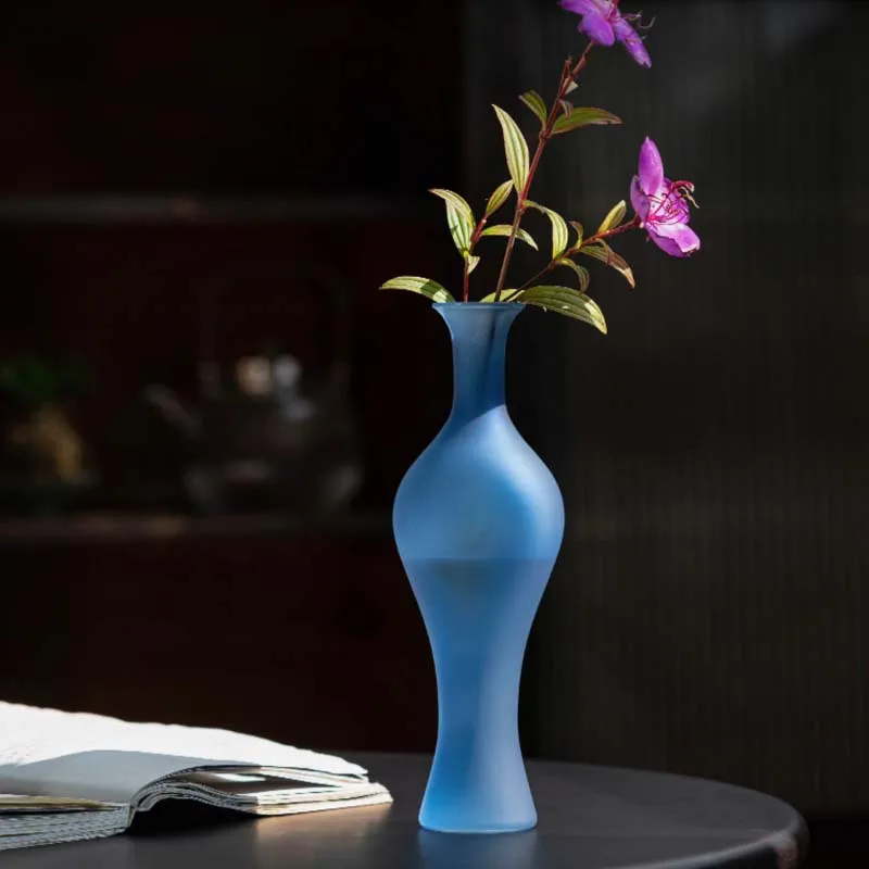 Japanese-style Blue Glass Vase Transparent Matte New Chinese-style Glazed Ornament Simple High-end Flower Arrangement