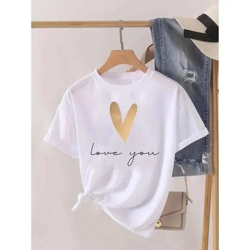 

New Love Heart Feather Trend Women's T-shirt Cotton Fashion T-shirt Printed Women's Short Sleeves Simple Casual White T-shirt