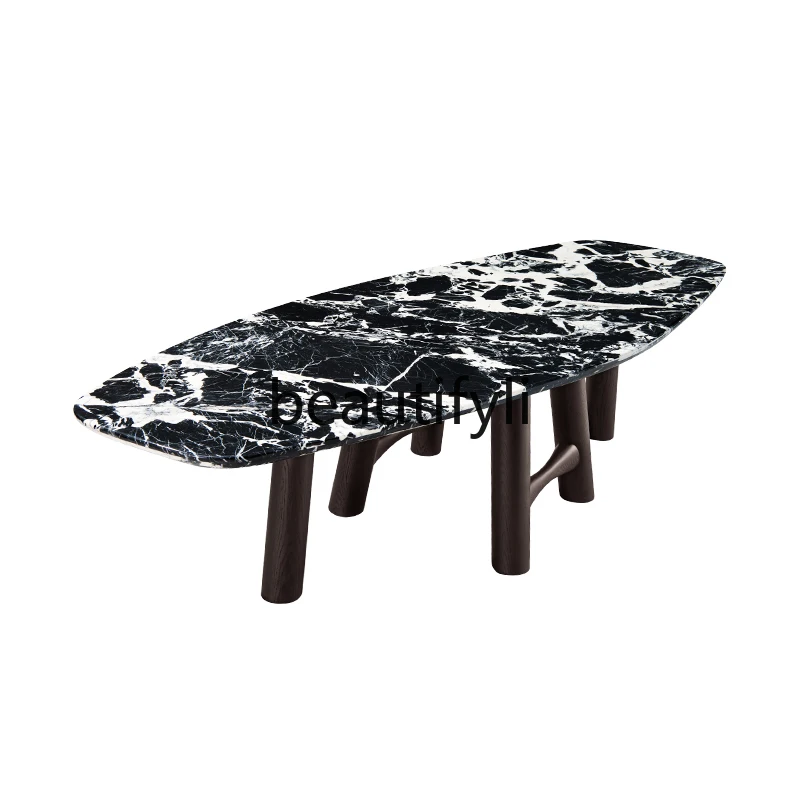 Modern minimalist black marble light luxury oval dining table