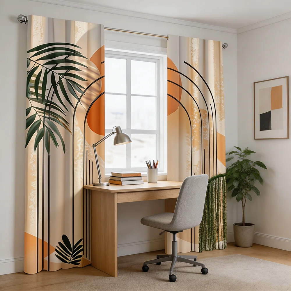 2PCS Digital Printed Curtains, Arched Leafy Plants Pattern, Beautiful Window Drapes for Living Room Bedroom Home Decor