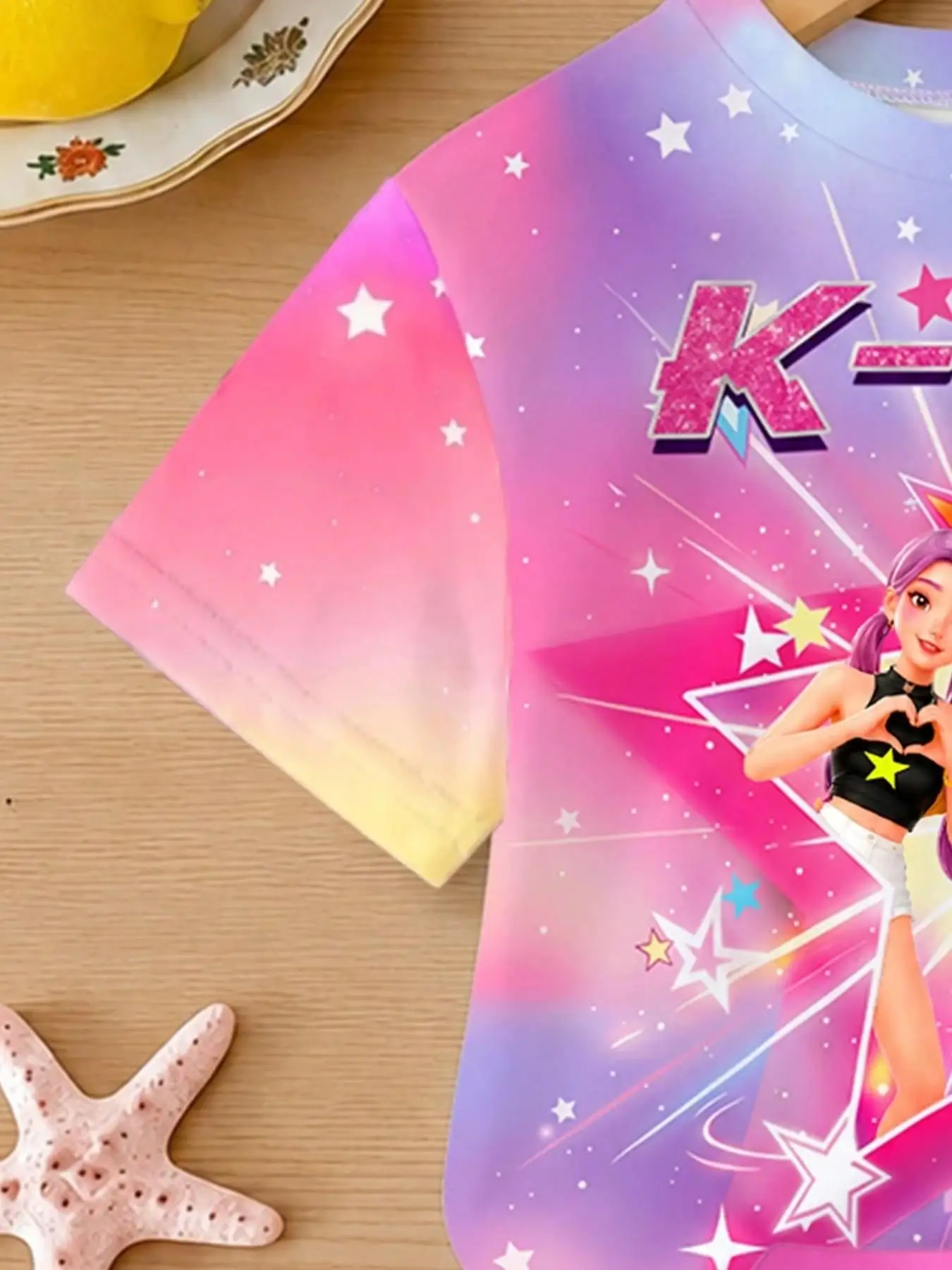 Trendy street-style two-piece outfit for girls featuring a gradient starry-sky cartoon print; includes a soft short-sleeved T-sh view 5