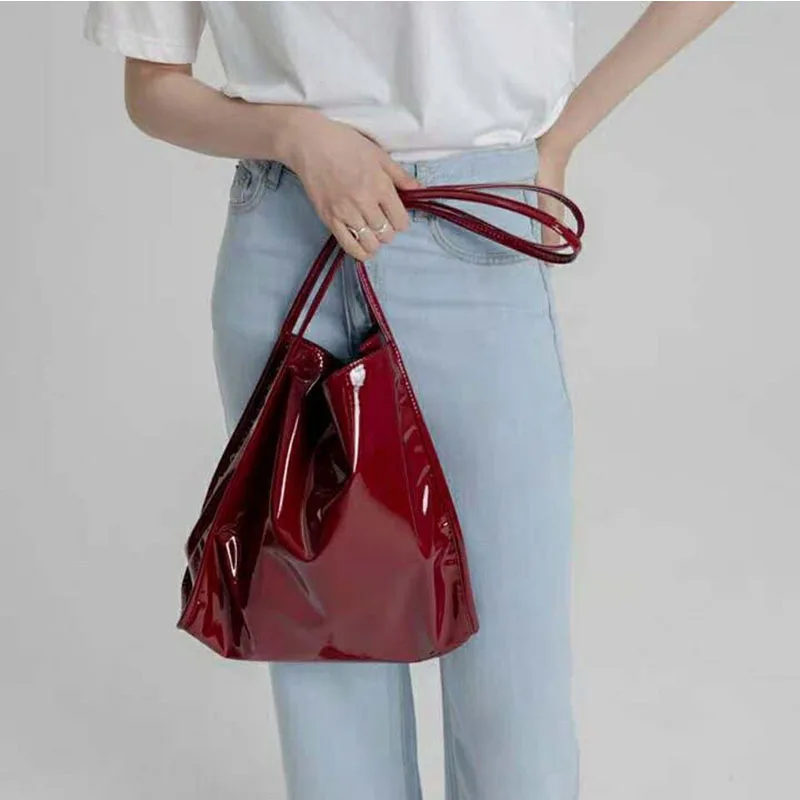 Vintage Style Shoulder Bags for Women Patent Leather Two-shoulder Bag High Capacity Handbag Purse Lady Fashion Underarm Bag